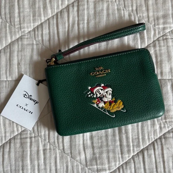 Coach Disney Pine Green Corner Zip Wristlet with Mickey & Minnie Sled Holiday - Picture 1 of 4
